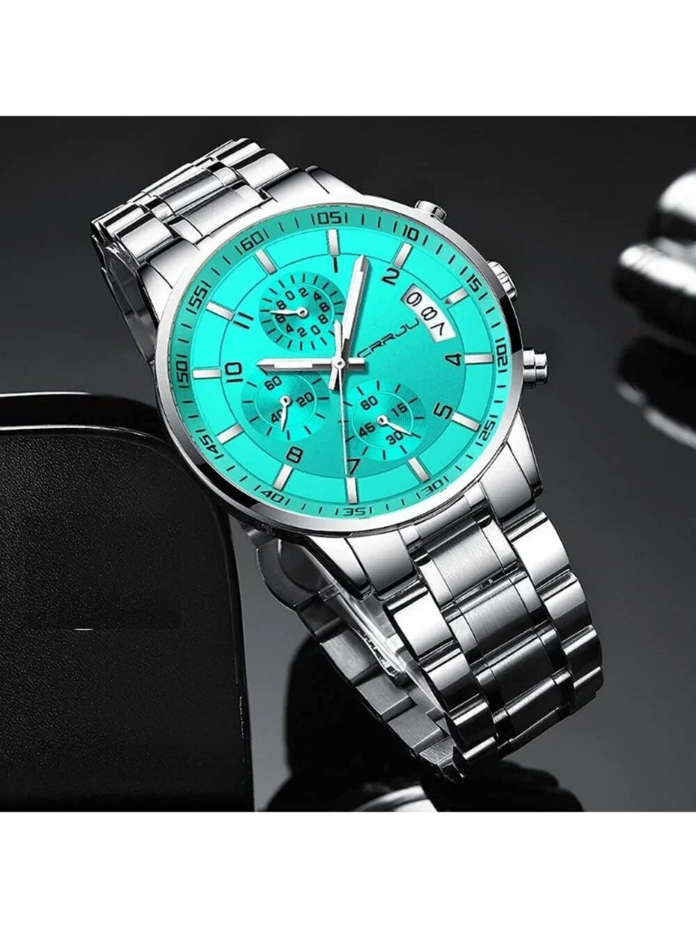 Men's Silver Sky Blue Analog Stainless Steel Waterproof Chronograph Wrist Watch
